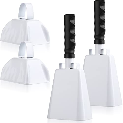 4 Pcs Cowbell with Handle Metal Cheering Bell Loud Cow Bells Football Game Noise Makers Musical Large and Small Hand Percussion Cowbells Set Instrument for Wedding School Sports Kids Party (White) 4 Pcs Cowbell with Handle Metal Cheering Bell Loud Cow Bells Football Game Noise Makers Musical Large and Small Hand Percussion Cowbells Set Instrument for Wedding School Sports Kids Party (White)