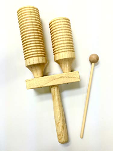 Double Wood Tone Block and Guiro with Mallet - High and low pitch percussion musical instrument Double Wood Tone Block and Guiro with Mallet - High and low pitch percussion musical instrument