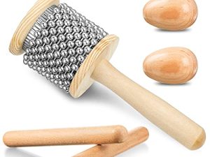 5 Pcs Wooden Hand Percussion Instrument Set Mini Wooden Cabasa with Stainless Steel Breads Musical Latin Percussion Instrument Classical Wood Claves Rhythm Sticks Egg Shakers for Adult Toddler and Kid
