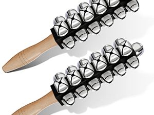 2 Pieces Christmas Hand Jingle Bells Wooden Handle Sleigh Bell Christmas Stick Jingle Shaker Rattles Percussion Musical Bell Instruments for Kids Handheld Bells Holiday Xmas Toys (Black)