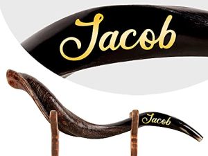 HalleluYAH Customized Shofar From Israel – Authentic Odorless Curved Kudu Horn – Traditional Ancient Musical Instrument - Inscribed with Name - Made In Israel - Bonus Shofar Wood Stand and More