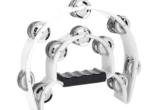 Half Moon Tambourine - Musical Instrument Percussion with Steel Jingle Bells for Drum & Guitar Playing (White)