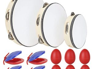Tambourine for Adults Hand Held Wood Tambourine Metal Jingles Musical Educational Instrument Rhythm Percussion Tambourine with Egg Shakers and Finger Castanets for KTV
