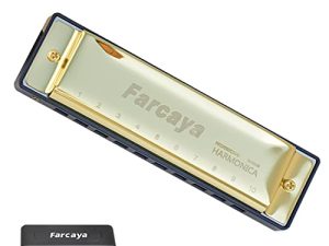 Farcaya Harmonica for Kids Students Beginners Adults Blues Harp Diatonic C Key 10 Holes 20 Tones Metal Mouth Organ with Hard Case and Cleaning Cloth (Gold)