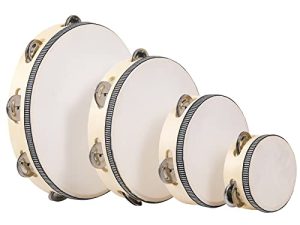 Tambourine for Adults Wooden Tambourine Hand Held Drum Bell Birch Metal Jingles Percussion Percussion Gift Musical Educational Instrument for Church Party (4 piece set)