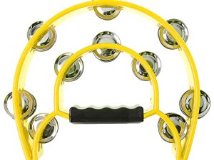 Half Moon Tambourine - Musical Instrument Percussion with Steel Jingle Bells for Drum & Guitar Playing (Yellow)