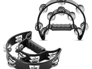 Flexzion Tambourine Metal Half Moon Musical Instruments Double Row Metal Jingles Hand Held Instruments Percussion with Ergonomic Handle Grip