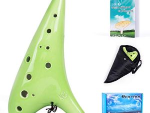 Lotkey Beginner Ocarina 12 Holes Alto C Ceramic with Carry Bag Music Book Strap (green)