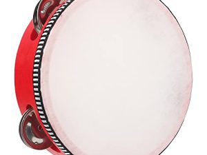 Dreokee 6 Inch Tambourine Red Wooden Handheld Tamborine with 4 Pair Metal Jingle Bells Percussion Instrument Musical Instrument Tambourines for Adults Party Education Church