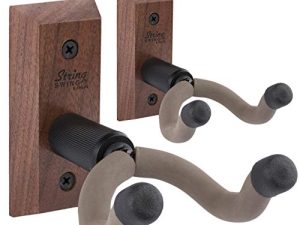 String Swing Guitar Hanger - Holder for Electric Acoustic and Bass Guitars - Stand Accessories Home or Studio Wall - Musical Instruments Safe without Hard Cases - Black Walnut Hardwood CC01K-BW 2-Pack