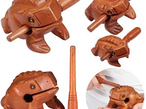 Percussion Instruments Wooden Frog 4 Pieces Set 4.7 Inch Wooden Frog 4 Inch Natural Wood Frog 3.2 Inch 2.4 Inch Frog Wooden Frog Musical Instrument Gift Decor (Wood)