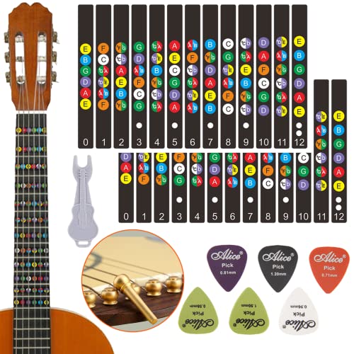 2 PCs Guitar Fretboard Stickers & 6 Picks &1 Guitar Pins Remover & 6 Brass Guitar Bridge Pins - Perfect Guitar Tools Set as Gift for Lover 2 PCs Guitar Fretboard Stickers & 6 Picks &1 Guitar Pins Remover & 6 Brass Guitar Bridge Pins - Perfect Guitar Tools Set as Gift for Lover