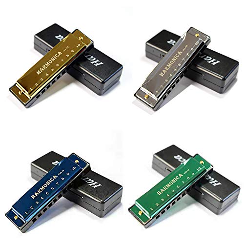 YOKSAS 4PCS Harmonicas Key of C 10 Hole Titanium Harmonica Instrument with Case Polishing Cloth Gift for Adults Beginner Students Kids(Green YOKSAS 4PCS Harmonicas Key of C 10 Hole Titanium Harmonica Instrument with Case Polishing Cloth Gift for Adults Beginner Students Kids(Green