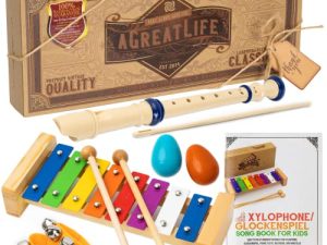 AGREATLIFE Wooden Xylophone Set for Kids | Child-Safe Toddler Glockenspiel Musical Instruments with Printed Songbook - Well Crafted Classic Music Toys - Flute Egg Shaker and Wrist Bells Music Toys