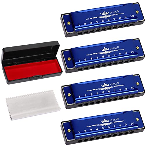 UPINS 4PCS Key of C Blues 10 Hole 20 Tones Titanium Color Harmonica with Case Cleaning Cloth for Beginner Students Kids (Blue) UPINS 4PCS Key of C Blues 10 Hole 20 Tones Titanium Color Harmonica with Case Cleaning Cloth for Beginner Students Kids (Blue)