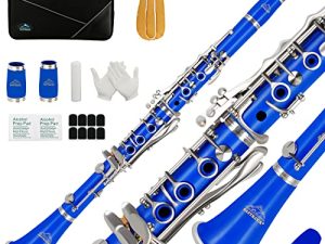 EASTROCK Clarinet Bb Flat 17 Nickel Keys Blue Clarinet for Student Beginner with 2 Barrels Hard Case and Clarinet Cleaning Kit