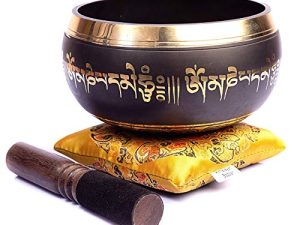 Tibetan Singing Bowl Set - Easy To Play Authentic Handmade For Meditation Sound 7 Chakra Healing By Himalayan Bazaar (Black & Yellow)