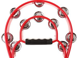 Half Moon Tambourine - Musical Instrument Percussion with Steel Jingle Bells for Drum & Guitar Playing (Red)