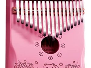 Kalimba Thumb Piano 17 Keys with Engraved Notes Fortune Cat Pattern Handhold Cute Finger Piano Mabogany Solid Wood Portable Musical Instrument with Music Book Gift for Kids Adult Beginner (Pink)