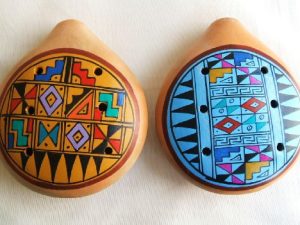 Two Large Peruvian Ocarina. Musical Instrument.gold and Blue.
