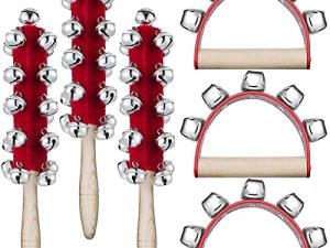 6 Pieces Christmas Hand Jingle Bells Wooden Hand Sleigh Bells Jingle Shaker Bells Handhold Bell Rattles Musical Bell Instruments Handheld Bells Holiday Christmas Decor (Red)