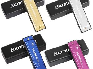 UPINS 4PCS Key of C 10 Hole 10 Tones Titanium Color Harmonica with Case for Beginner Students Kids(Gold