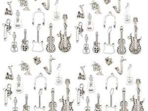 Zhiheng Assorted 52pcs Musical Instrument Alloy Pendants Bass Guitar Horn Cello Viola Trumpet Sax Wine Glass Charms Bracelet Necklace Jewelry Making Beads for Birthday Christmas Valentine's Gift