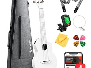 Donner Concert Ukulele White Carbon Fiber 23 Inch Travel Starter Bundle Kit with Free Online Lesson Gig Bag Strap Nylon String Tuner Picks Cloth DCF-100 Professional Ukalalee