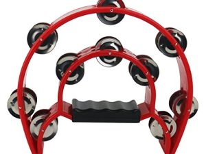 Ogrmar Double Row Handled Tambourine Metal Jingles Hand Held Percussion Drum with Ergonomic Handle Grip for Gift KTV/Party/Kids Toy (Red)