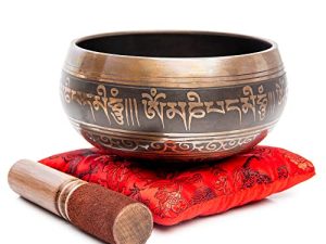 Tibetan Singing Bowl Set - Easy To Play Authentic Handmade For Meditation Sound 7 Chakra Healing By Himalayan Bazaar (Brown & Red)