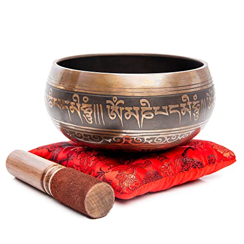Tibetan Singing Bowl Set - Easy To Play Authentic Handmade For Meditation Sound 7 Chakra Healing By Himalayan Bazaar (Brown & Red) Tibetan Singing Bowl Set - Easy To Play Authentic Handmade For Meditation Sound 7 Chakra Healing By Himalayan Bazaar (Brown & Red)