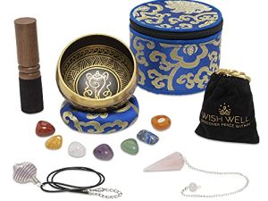 Tibetan Singing Bowl Set ~ 7 Chakra Crystal Stones and Rose Quartz Pendulum ~ Easy to Play with Fabric Case