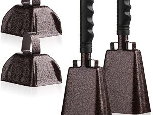 4 Pcs Cowbell with Handle Metal Cheering Bell Loud Cow Bells Football Game Noise Makers Musical Large and Small Hand Percussion Cowbells Set Instrument for Wedding School Sports Kids Party (Brown)