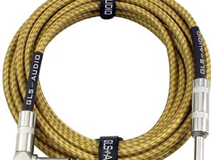 GLS Audio Instrument Cable - Amp Cord for Bass & Electric Guitar - Straight to Right Angle 1/4 Inch Instrument Cable - Brown/Yellow Braided Tweed