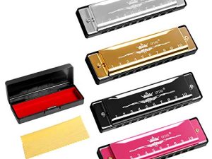 UPINS 4PCS Key of C Blues 10 Hole 20 Tones Titanium Color Harmonica with Case Cleaning Cloth for Beginner Students Kids (Gold