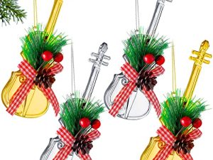 4 Pieces Musical Instrument Christmas Violin Ornaments Miniature Mini Music Ornament Xmas Tree Plastic Gold Silver Christmas Violin Hanging for Party Decor Xmas Tree