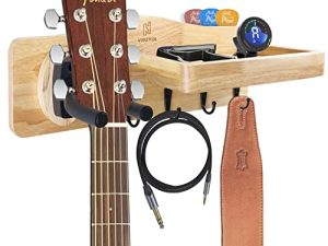 HPGJLEE Natural Solid Wood Guitar Wall Mount-Guitar Hanger with Shelf and Pick Holder-Guitar Holder