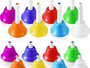 Zhanmai 16 Pieces Music Bells Include 8 Notes Hand Bells and 8 Desk Bells Colorful Diatonic Metal Bells for Musical Teaching Church Chorus Holiday Party Supplies