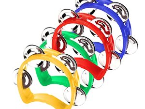 SAVITA 4 Pcs Percussion Tambourine Plastic Mini Half Moon Adults Tambourine Jingle Bell Musical Toys Musical Rhythm Instruments for Boys Girls Kindergarten Party Family Gatherings (Multi-colors)